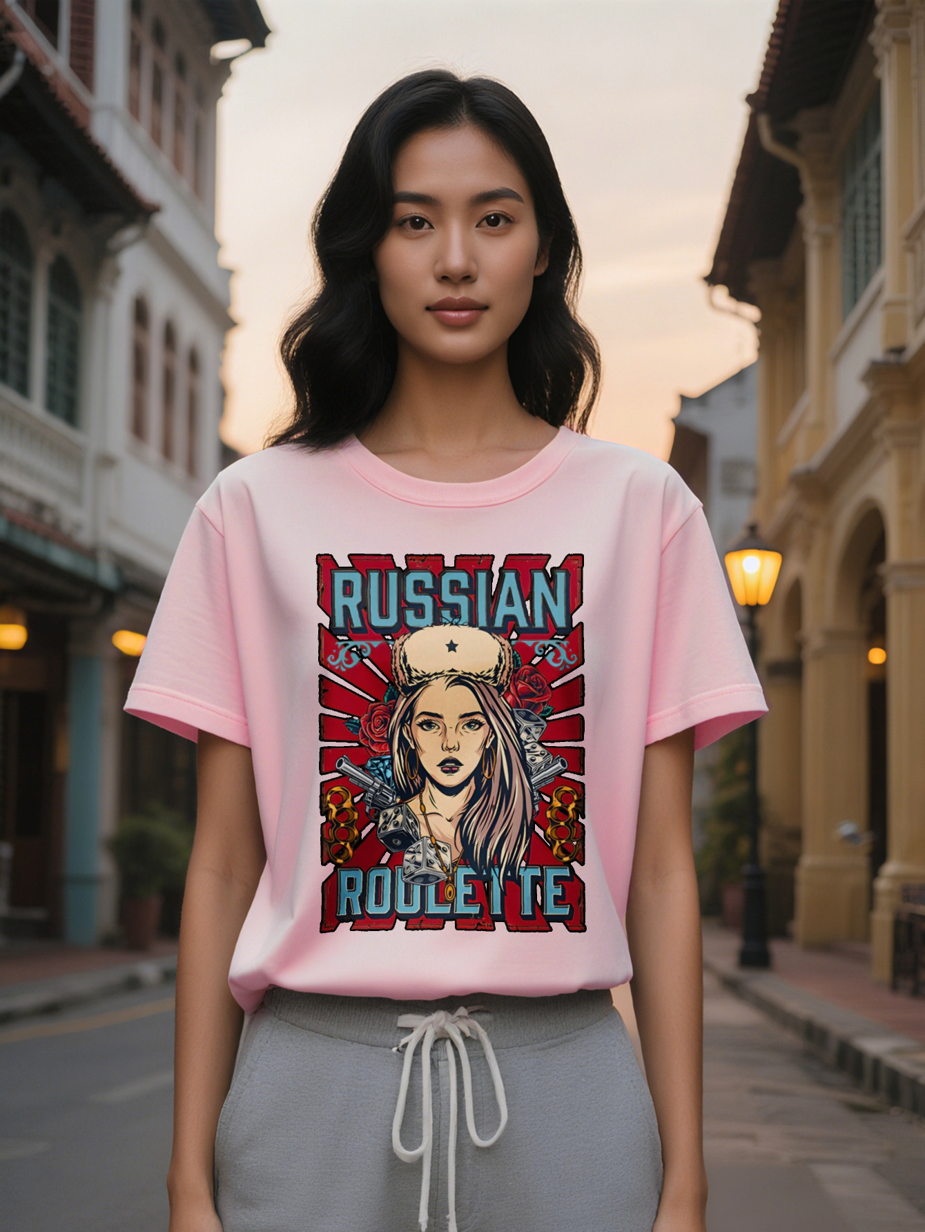 Large XL Women's Casual Graphic T-Shirt Black Russian Roulette Design with Female Portrait Red Accents Round Neck Summer Tee Plus Size