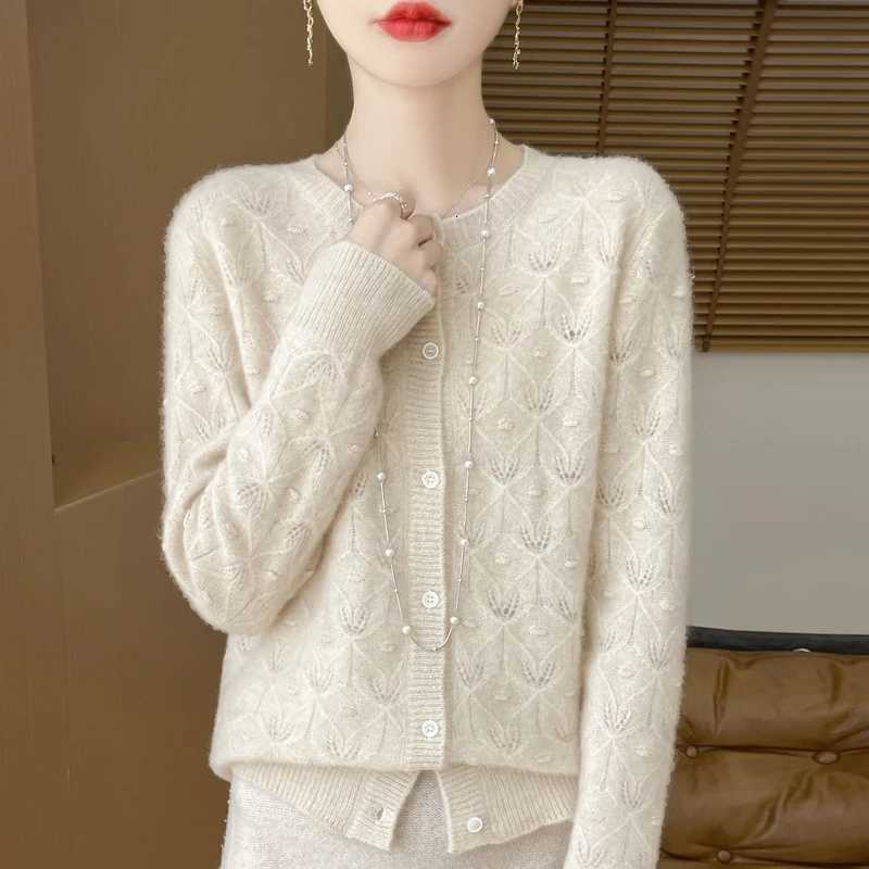 Autumn And Winter New Round Neck Hollowed Out 100 Wool Knitted Cardigan Womens Versatile Coat Loose Casual Sweater DMR281 M250904