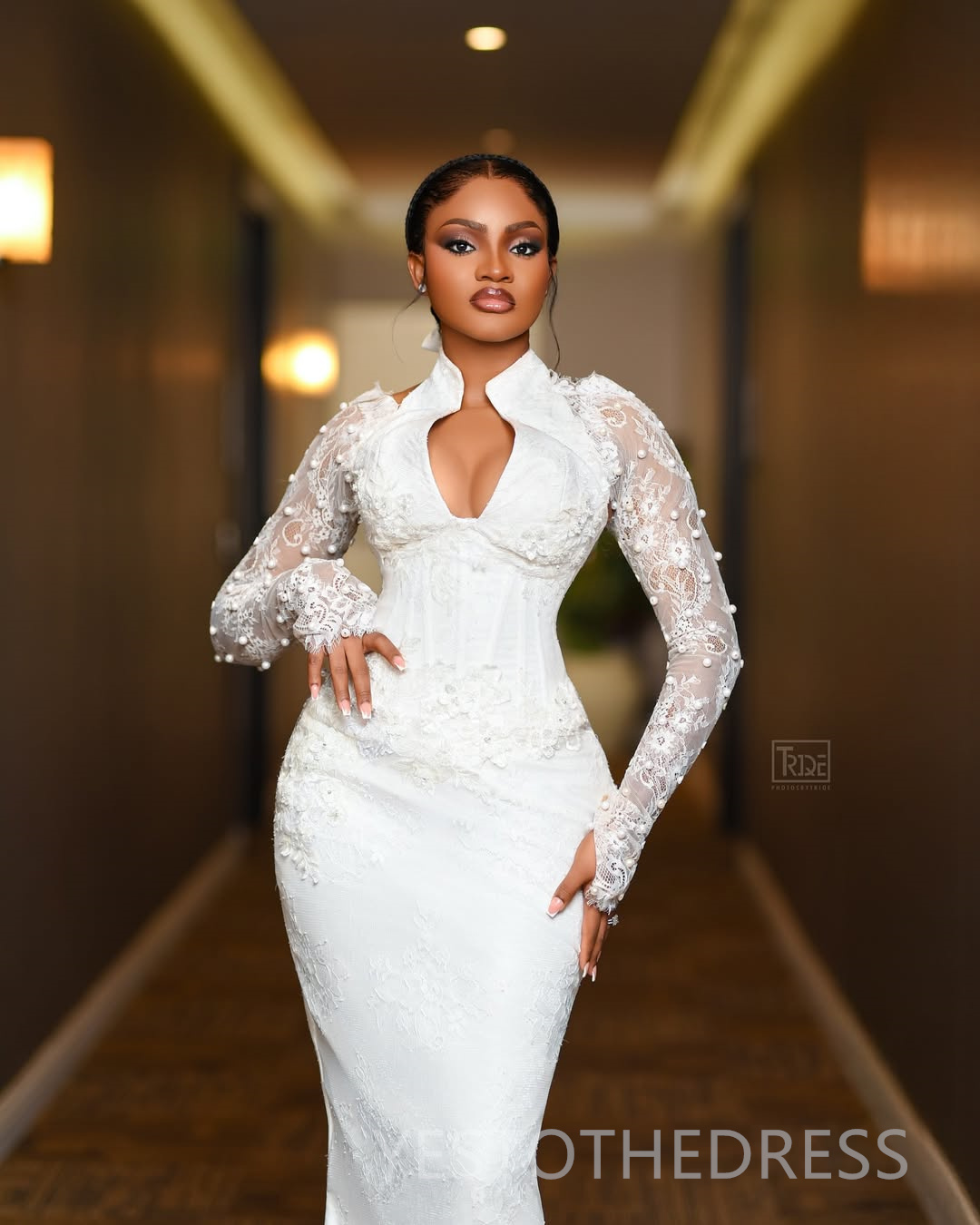 2025 Aso Ebi African Wedding Dress Bridal Gowns For Bride Mermaid Wedding Gowns High Neck Long Sleeves Pearls Beaded Lace Rhinestones Bridal Dress D63