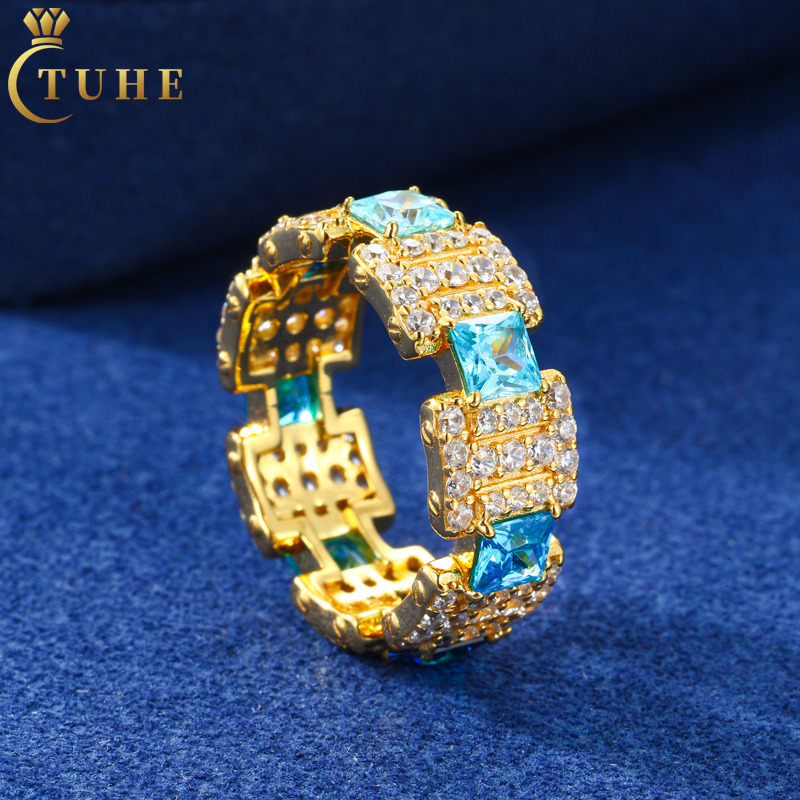 Hiphop Dainty Fine Jewelry Princess Cut 925 Sterling Silver Iced Out AAAAA Blue Moissanite Gemstone Rings for Men Women