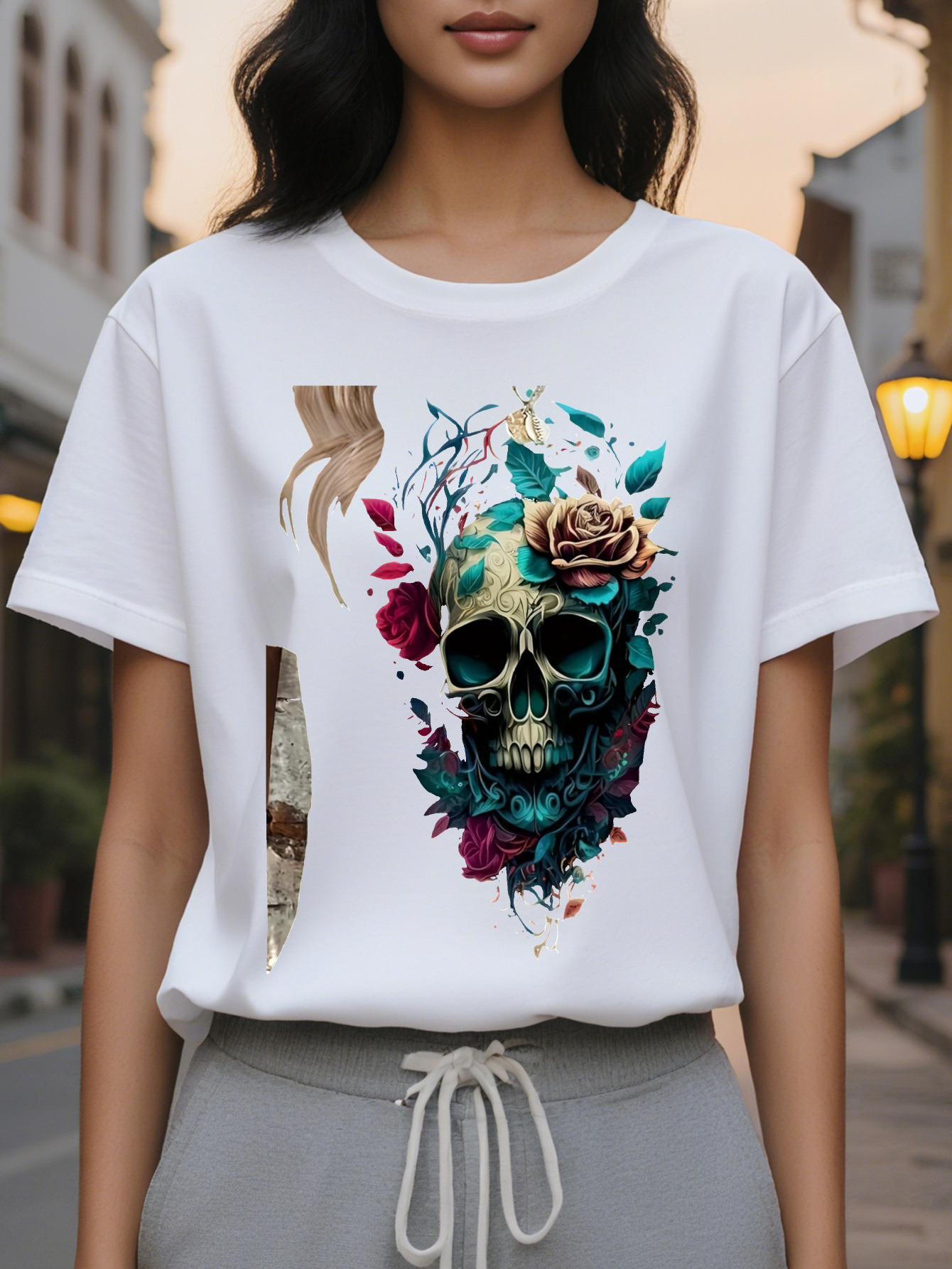 Women's casual round neck T-shirt with floral skull print, cotton knitted fabric, regular length, all-season top