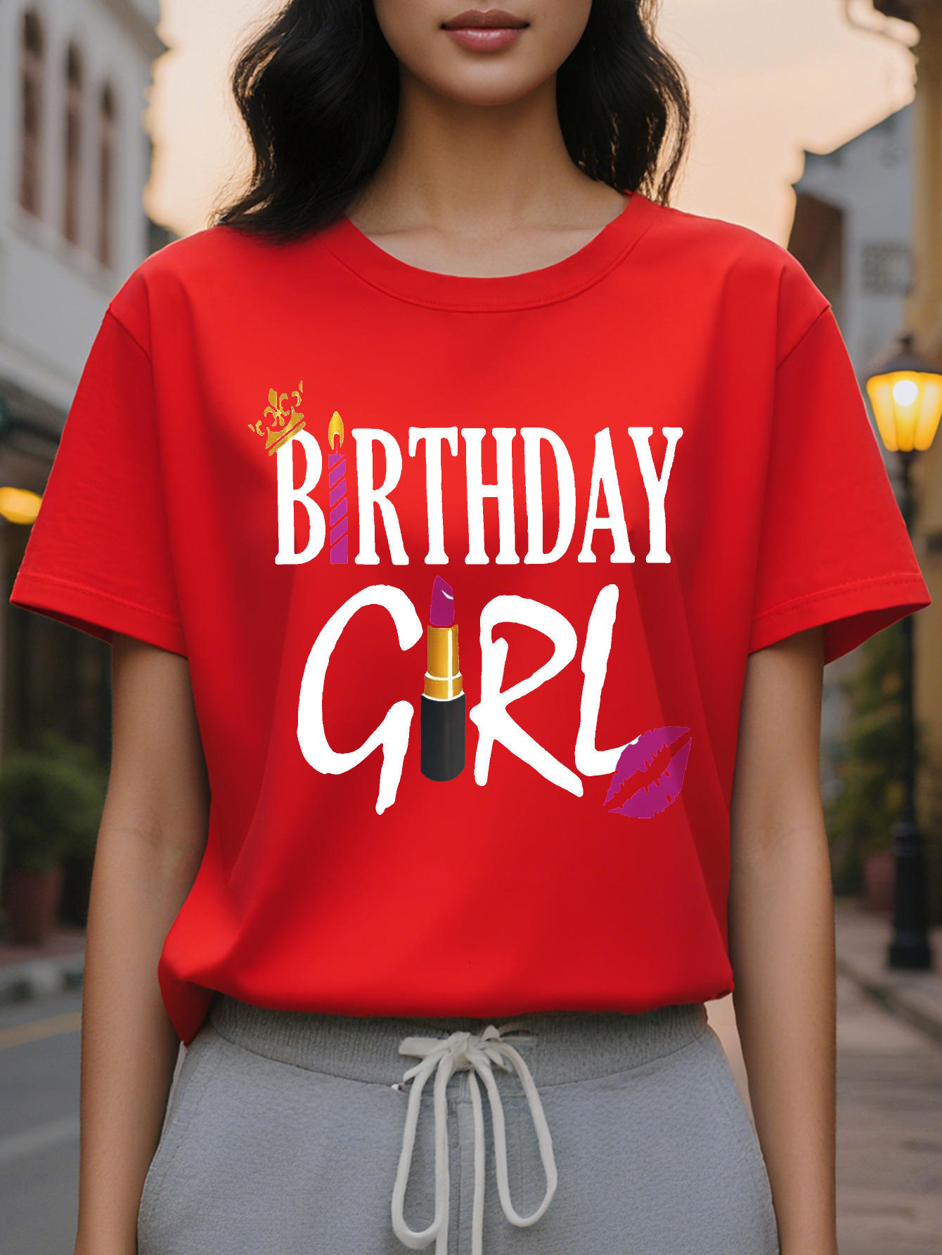 Large XL Birthday Girl Print T-Shirt Casual Short Sleeve Crew Neck Top Stylish All Season Women's Clothing Plus Size