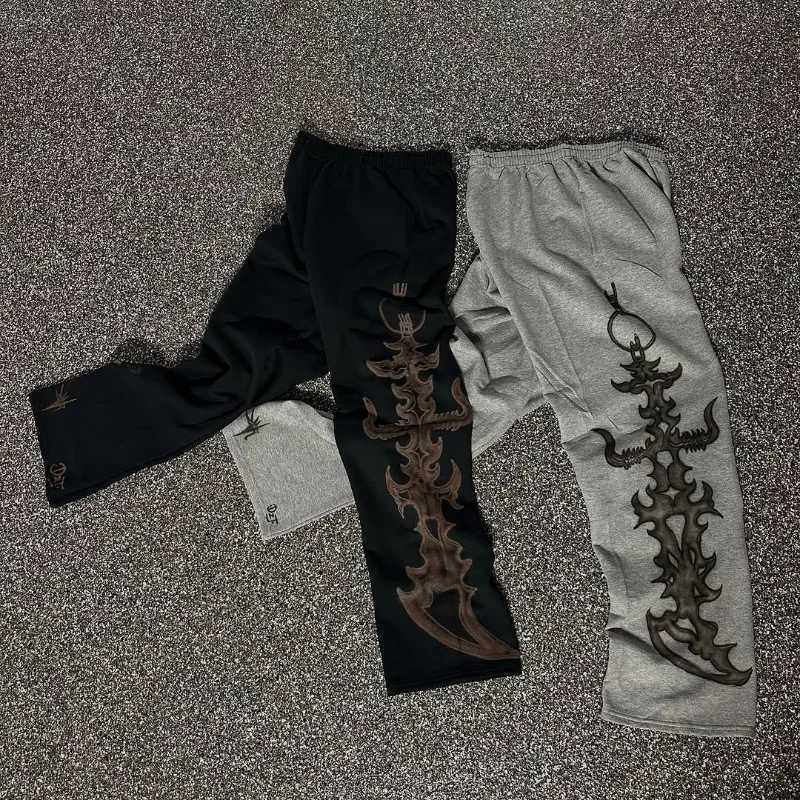 Harajuku retro fashion personality print design casual men pants Gothic trend sweatpants hip hop new loose straight pantsXJ250904