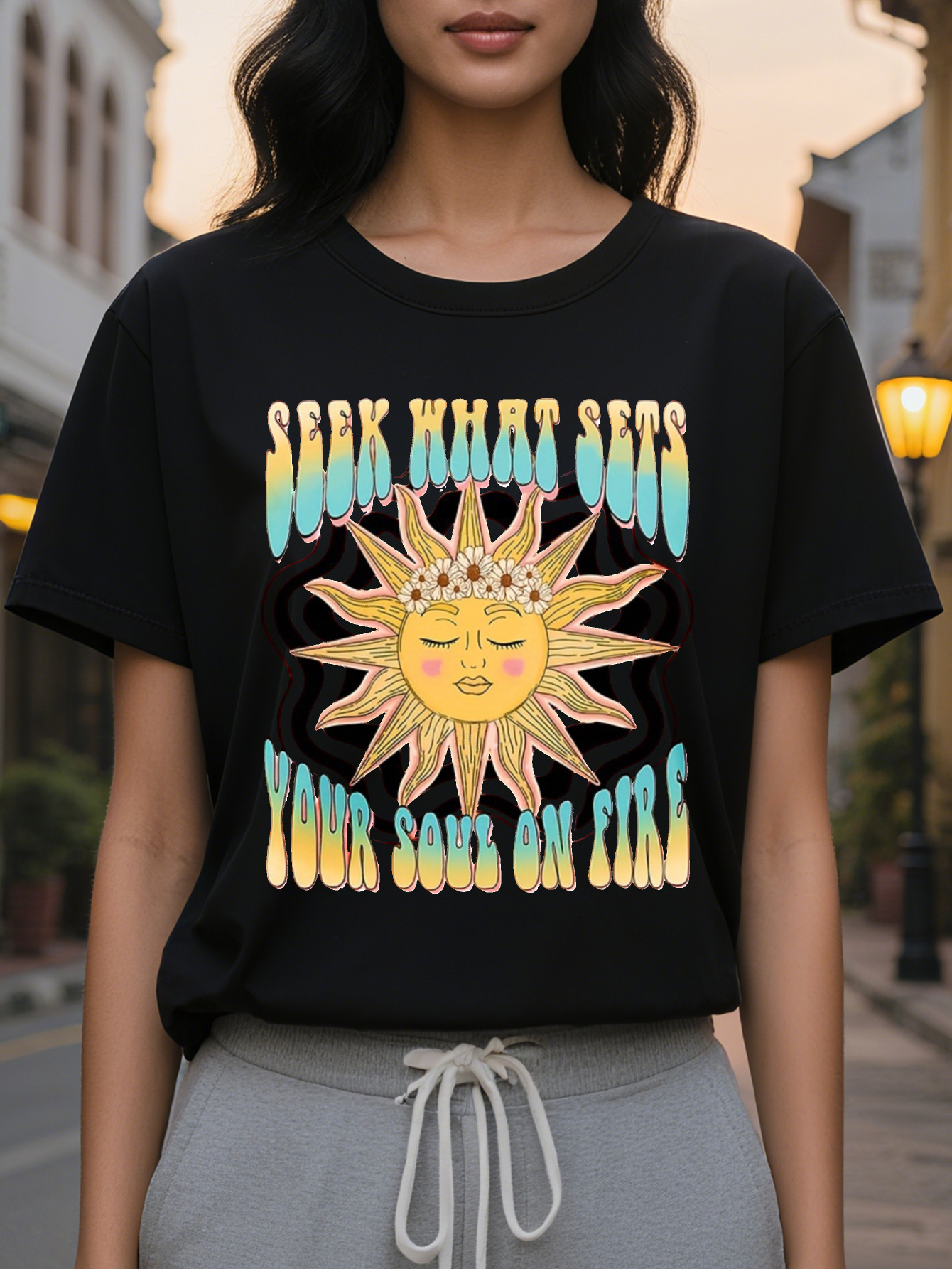 SEEK WHAT SETS ladies casual short sleeved T shirt retro sun rainbow pattern print spring loose translucent jacket