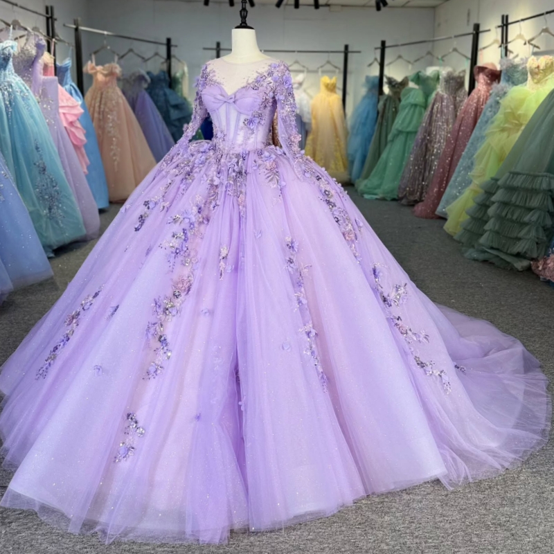 Light Lilac Shiny Princess Off the Shoulder Sweet 16 Dress Quinceanera Dresses Applique Flower Beads Tull Party Birthday Vestidos 15 Anos