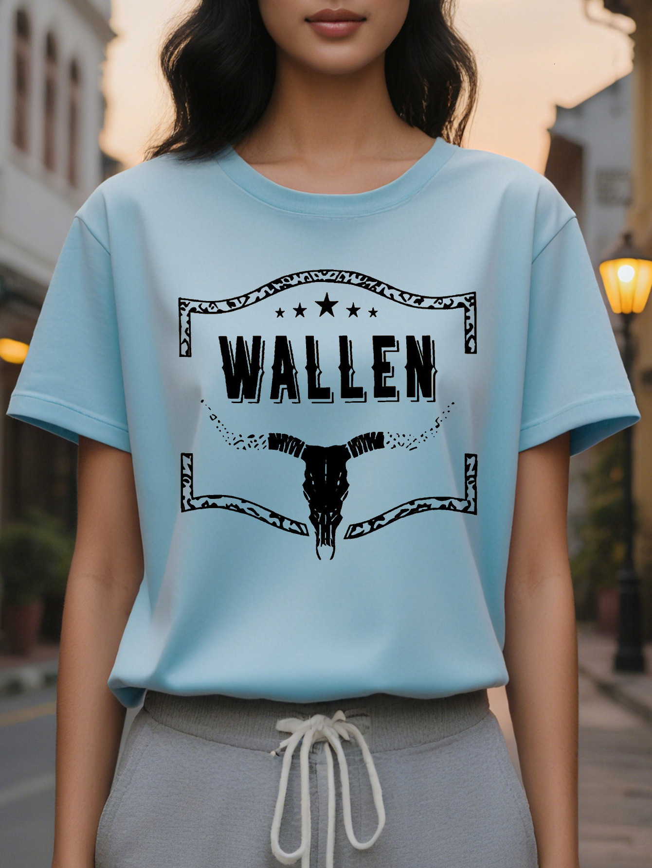WALLEN American Print Pattern Fashion Round Neck Short Sleeve T-shirt Spring and Summer New Slim Fit Slimming Women's
