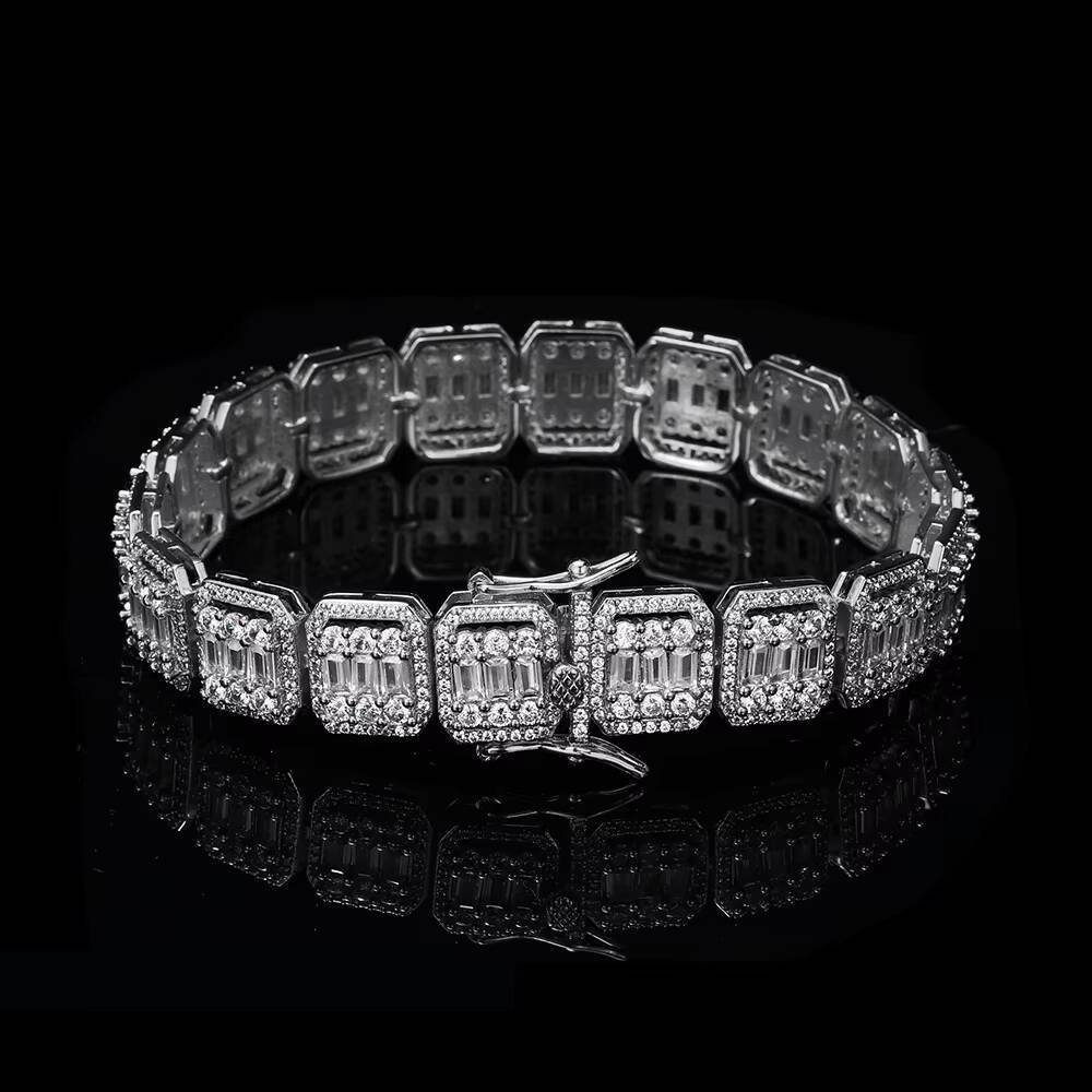 Nuoya 13mm Iced Out Tennis Bracelet Micro Pave Bling Baguette Moissanite Cluster Chain Hip Hop Jewelry For Women