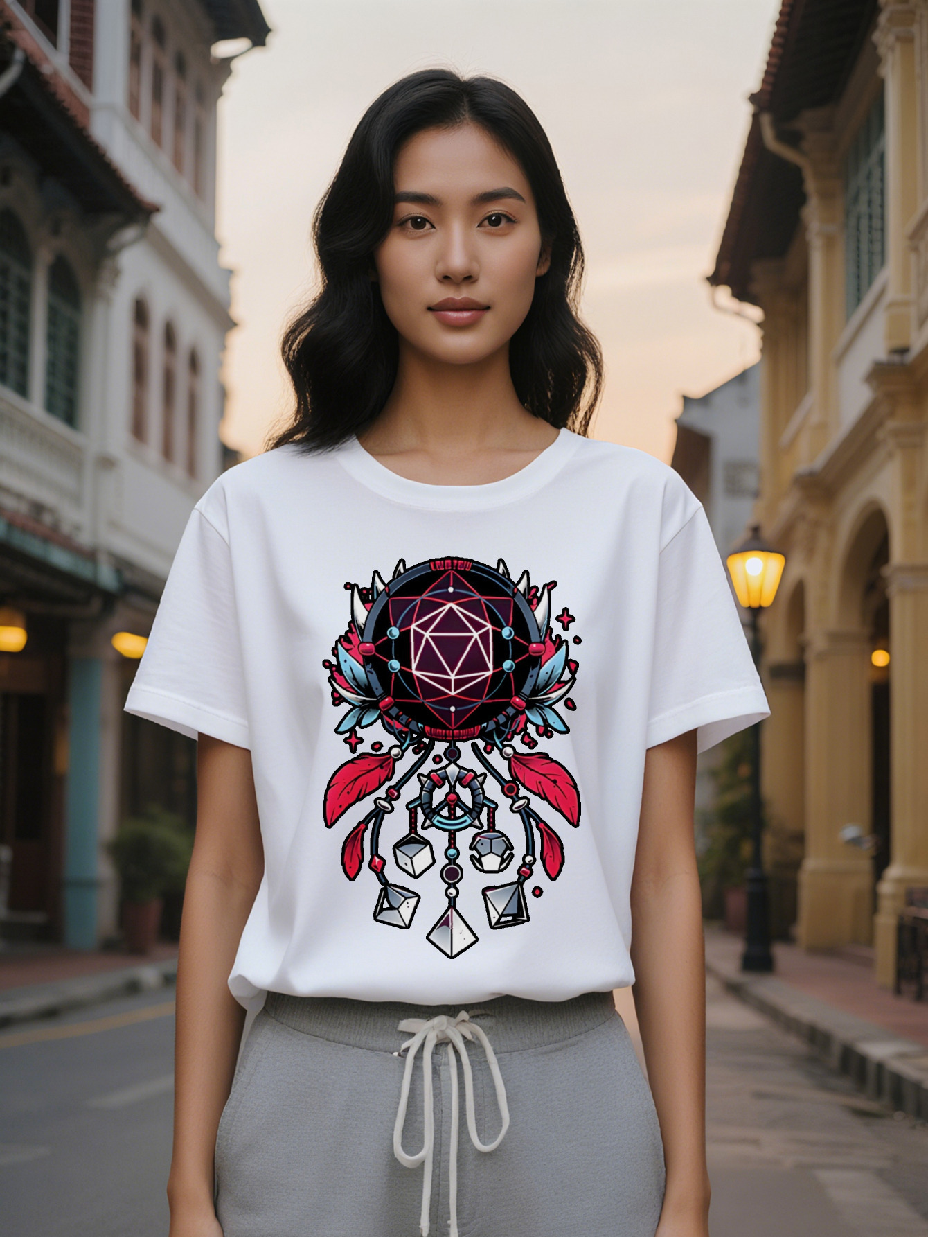 Large XL Casual Versatile Round Neck T-Shirt Geometric Polyhedron Black Border Print Pattern Top for Women Gift Plus Size