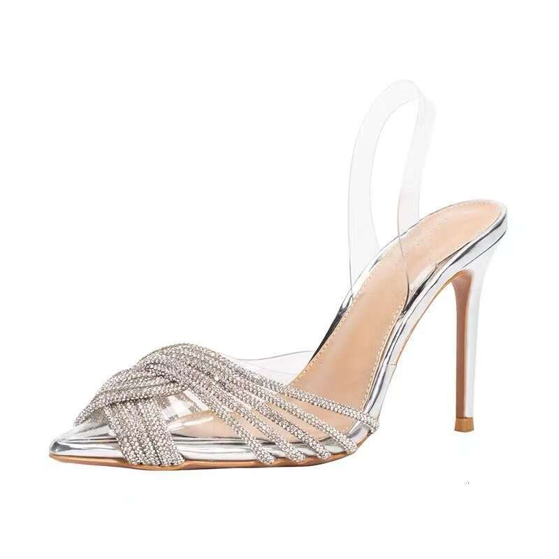 35-43 Plus Size PVC Transpnt Sandals Closed Toe Cross Rhinestone High Designer Shoe Heels New Backless Shallow Sweet Banquet Wedding Shoes