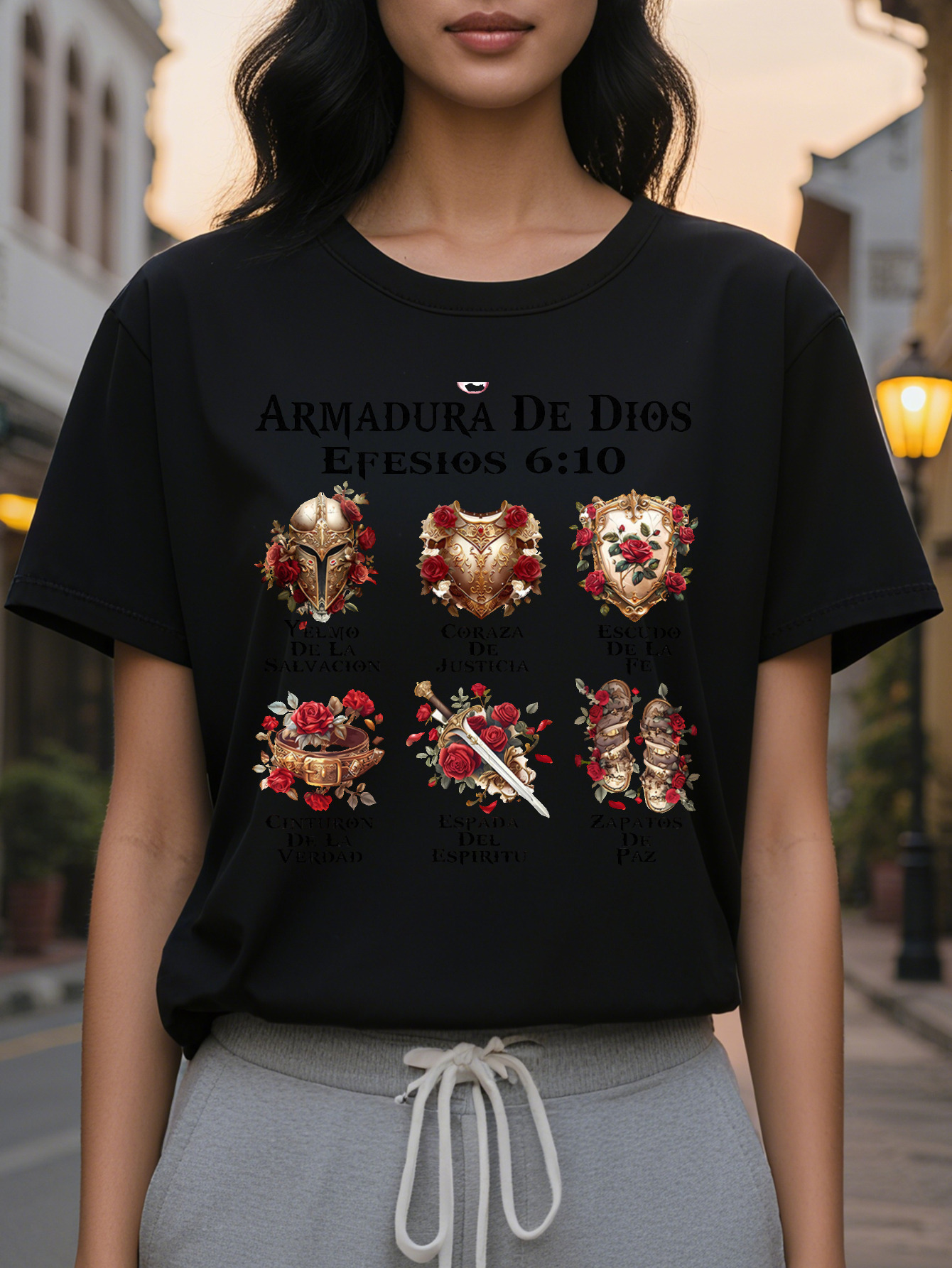 Women s Casual Short Sleeve T Shirt White Religious Spanish Scripture Armor Printed Stretchy Round Neck Top