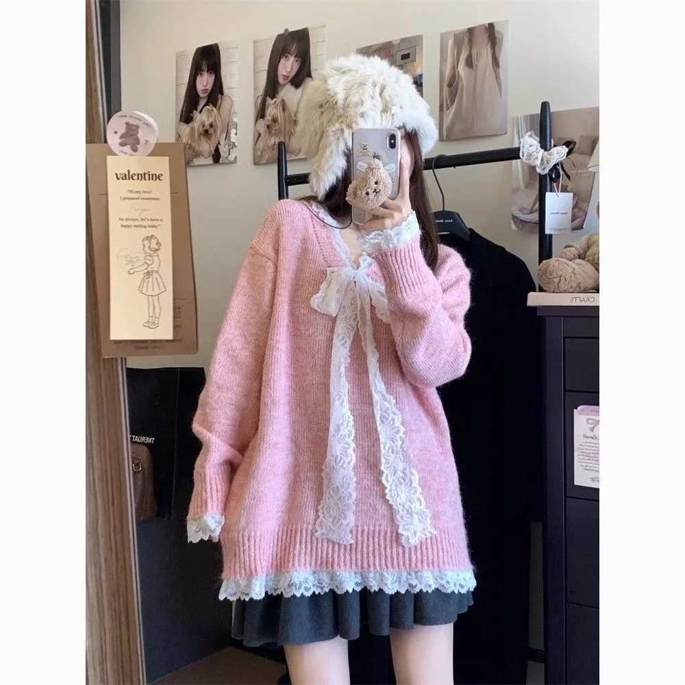 Y2K Korean Thin Bow Knitted Pullover Female Sweet Lace Japanese Loose Sweater Office Lady Autumn Winter Oversized Y2k Outfits M250904