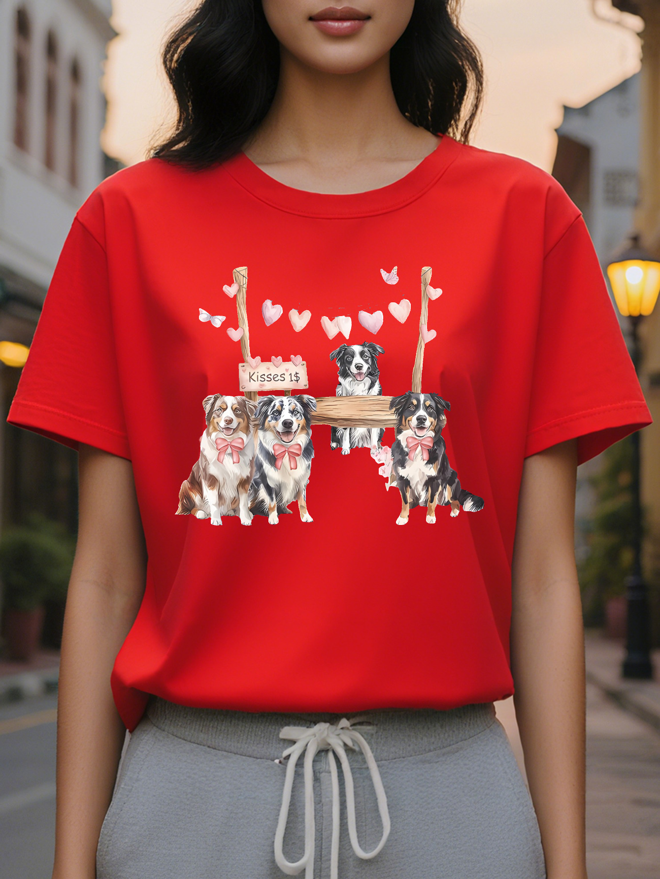 Large XL Cotton Casual Crew Neck Short Sleeve T-Shirt Australian Shepherd Dog Mom Gift Drawing Pattern Print for Women Plus Size
