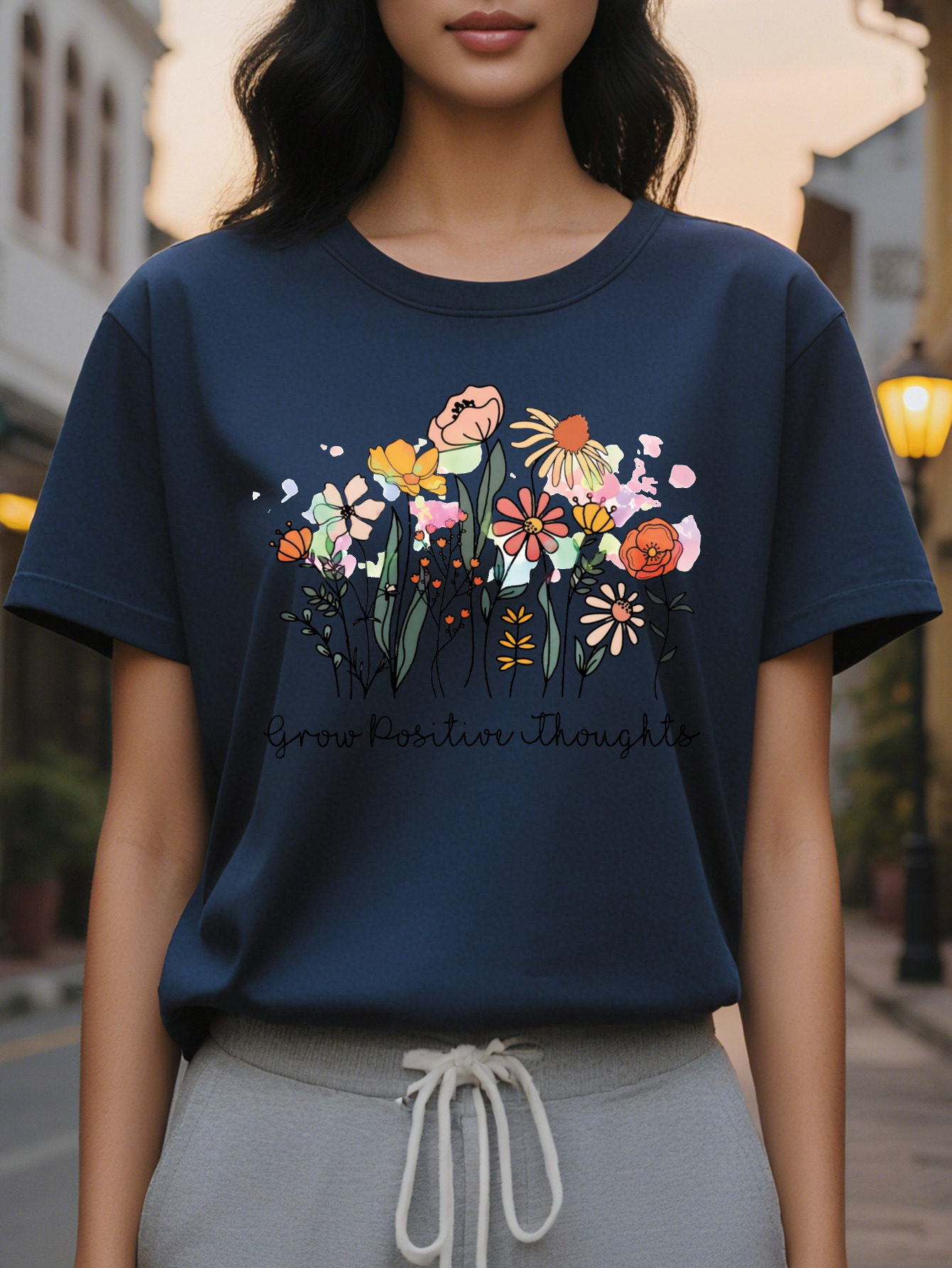 Large XL Floral T-Shirt Grow Thoughtful Graphic Tee Light Gray Soft Everyday Casual Top for SpringSummer Outfits Washable Plus Size