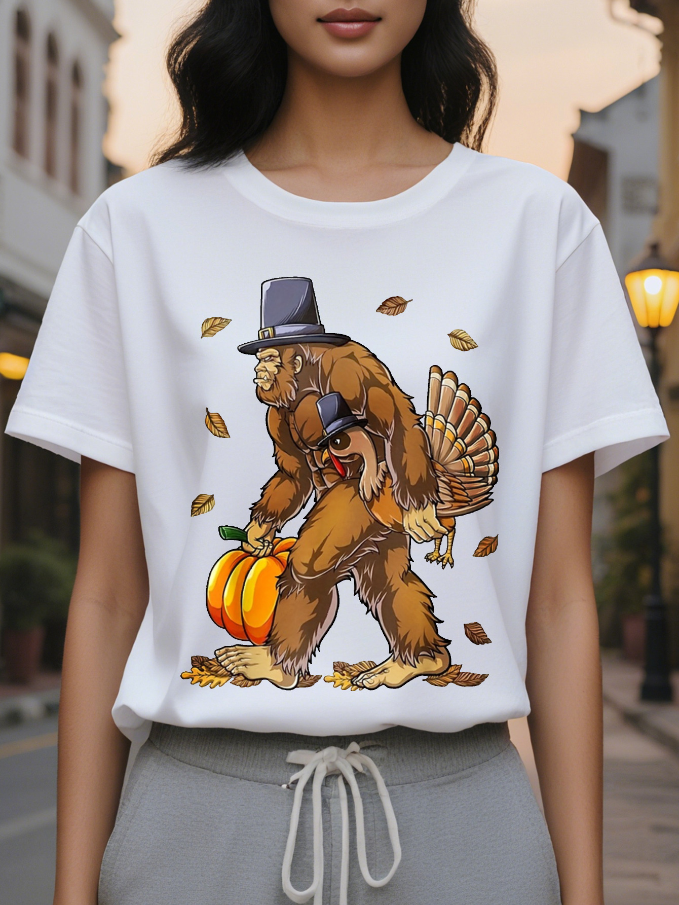 Large XL Women S T-Shirt Cute Pumpkin Bear Printed Hat Graphic Soft Beige Loose Fit Tee Everyday Party Outfit All Season Casual Plus Size