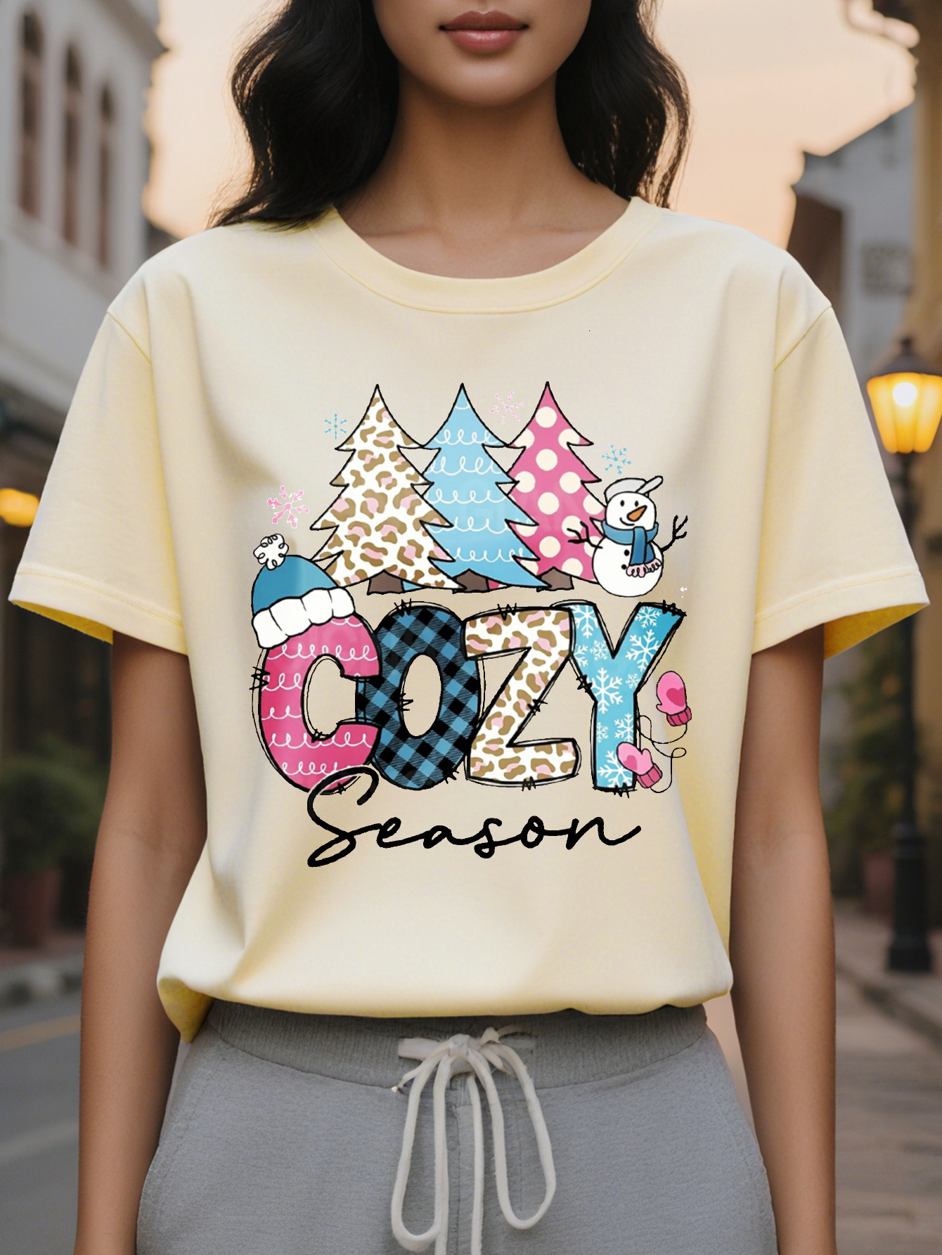 Large XL Women's Christmas Graphic Print Sweatshirt Cozy Season Design with Snowman Leopard Plaid Patterns Beige Casual Plus Size