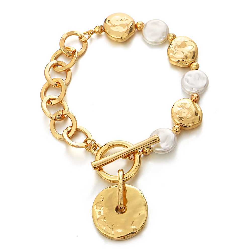 Flashbuy Gold Color Irregular Round Metal Pendant Bracelet for Women Charm Pearl Thick Chain Bead Wrist Fashion Jewelry Y250904