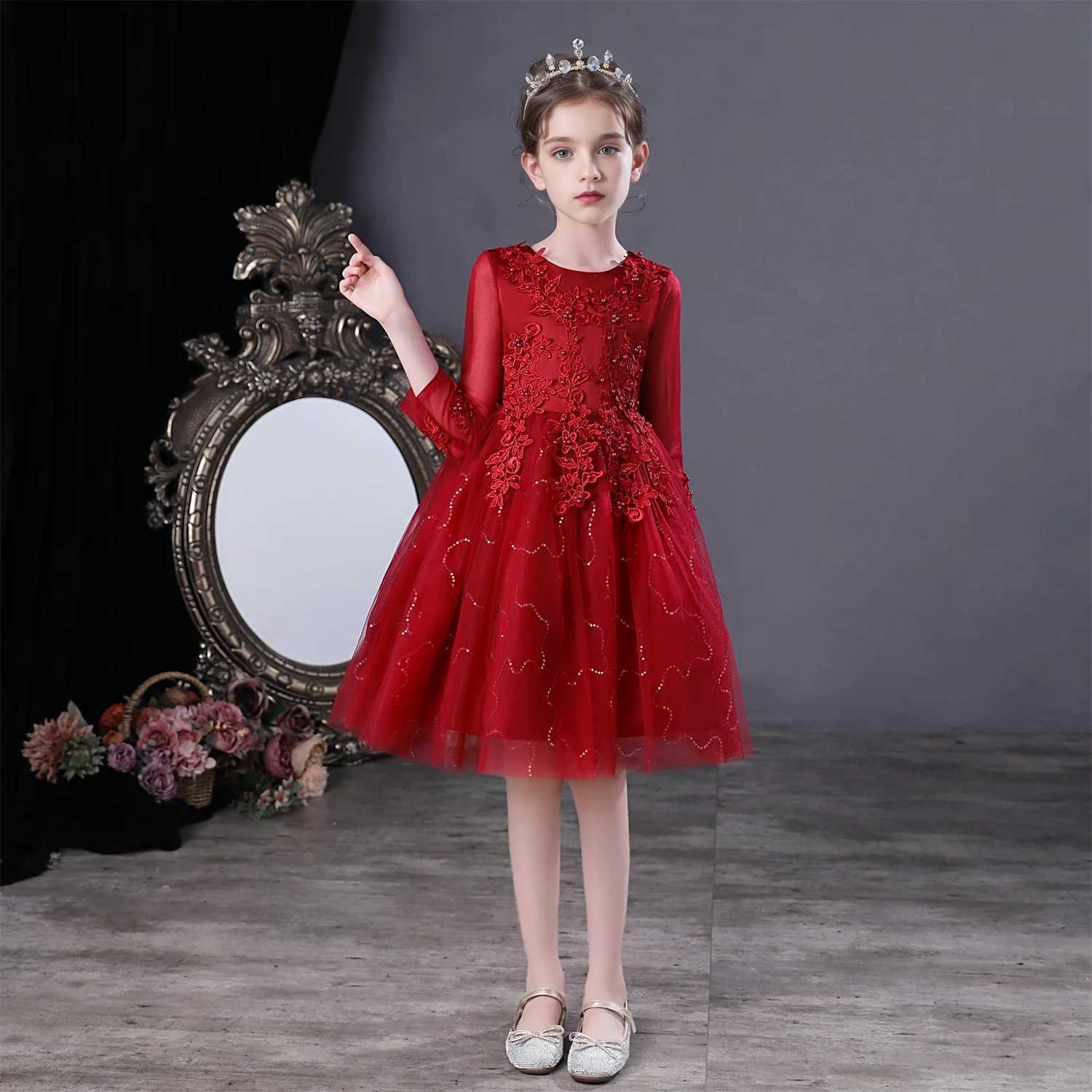 DW683 Childrens Girls Red Princess Dress Long Sleeve Piano Party Ceremony Flower Girl Gown Z250904