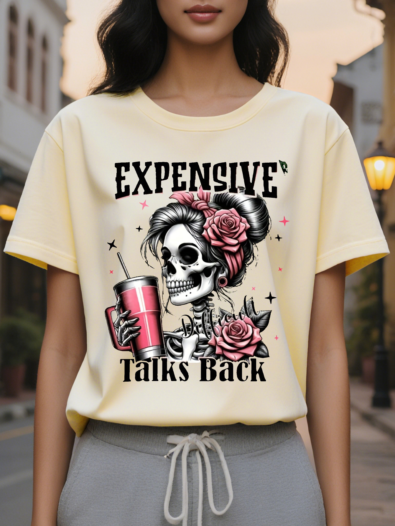 Women s Casual Graphic T Shirt with Bold Expensive Talks Back Print Edgy Skull Design Cotton High Washable