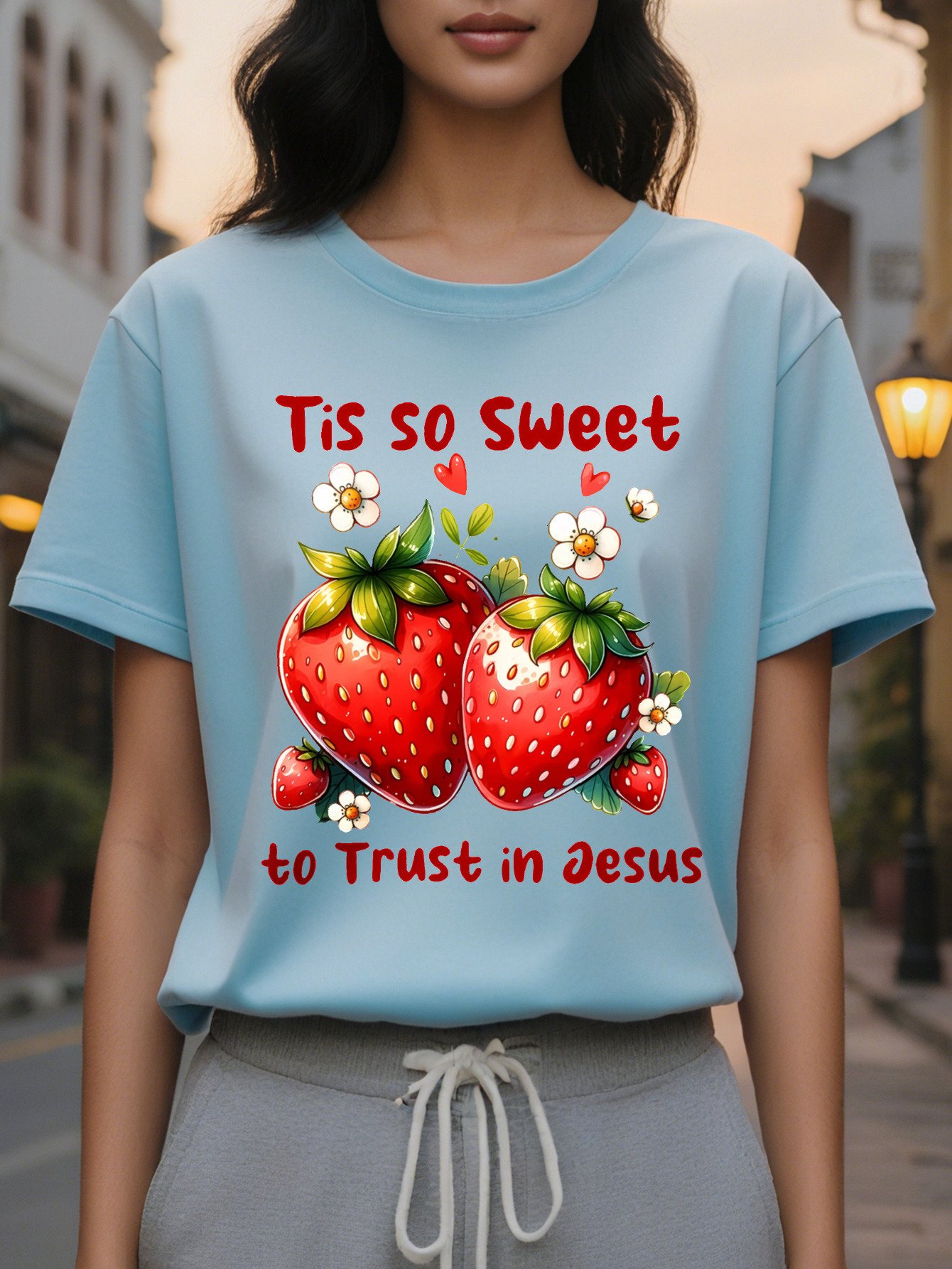This sweet strawberry short sleeved T-shirt with round neck is a casual top suitable summer and spring for women