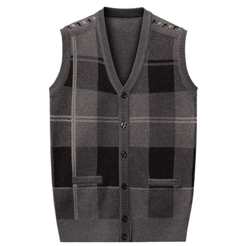 Mens Cardigan Vest Plaid Fashion Casual Knitted Sweater Warm Vneck Vest Sweater TopsXJ250904