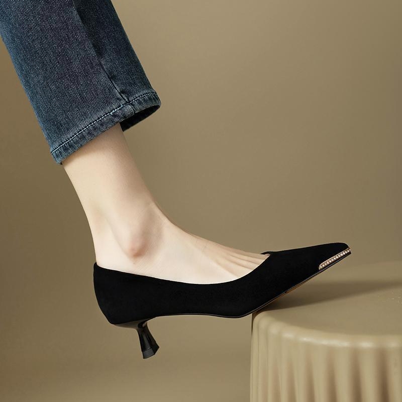 Women's black versatile low-heeled shallow-mouth pumps spring and autumn styles pointed-toe mid-heeled fashionable high heels