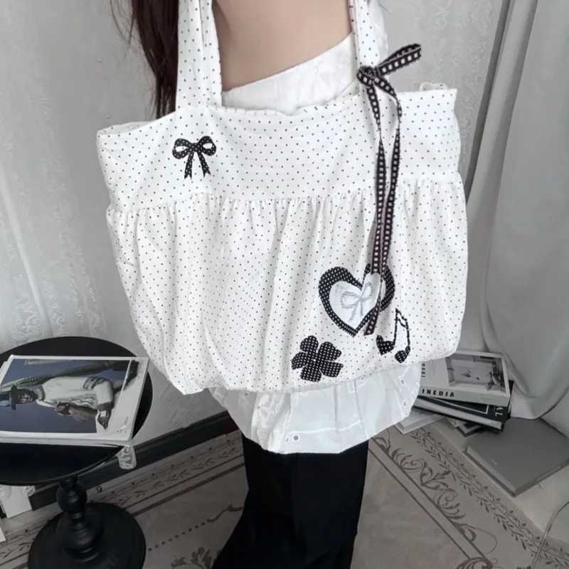 Polka Dot Casual White Tote Bag Bows Heart Korean Style Shoulder Bag Large Capacity Colleage Student Bag Versatile Handbag Women Z250903