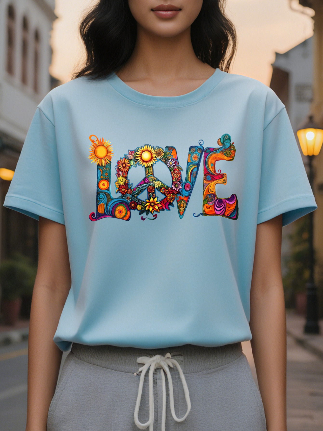 Women's Valentine's Day Flower Pattern Colorful Floral Design Shoulder Vest Black Cotton Round Neck Loose