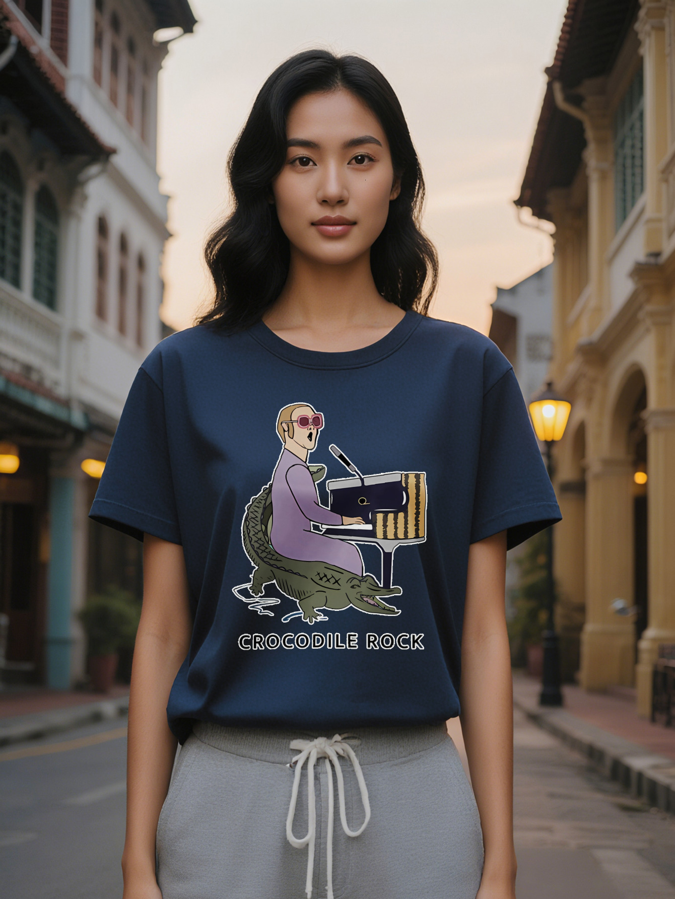 Large XL Casual Graphic T-Shirt with Crocodile Rock Piano Fashion Glasses Print Black Round Neck Summer Tee Washable Plus Size