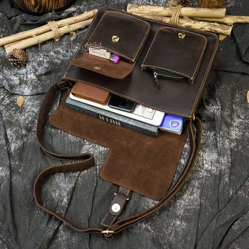 Crazy Horse Men Crossbody A4 Big Capacity Casual Genuine Cow Leather Shoulder Messenger Male Business Work Bag