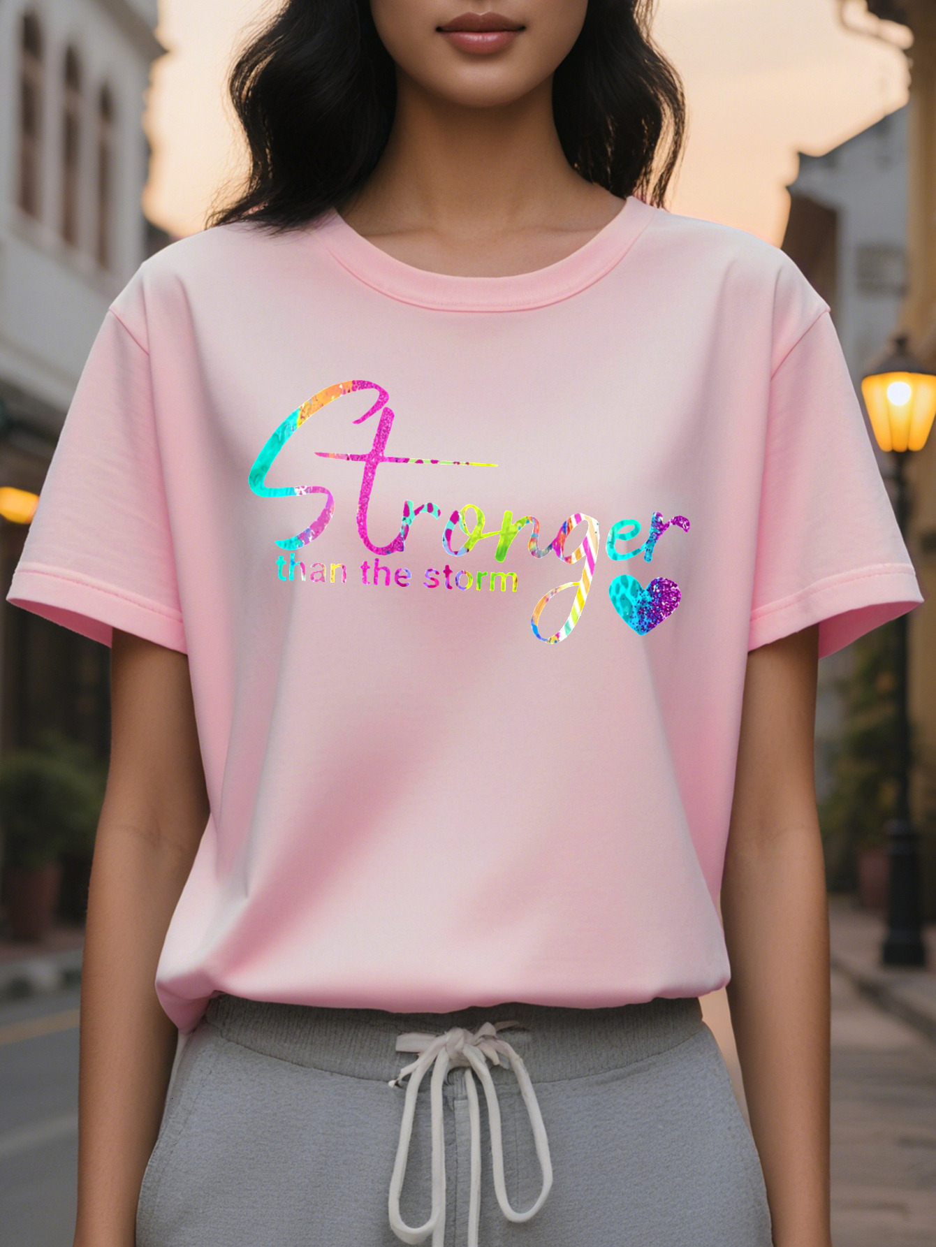 Large XL Women Stronger Than The Storm Graphic T-Shirt Vibrant Colorful Lettering Heart Design Casual Short Sleeve Crew Plus Size