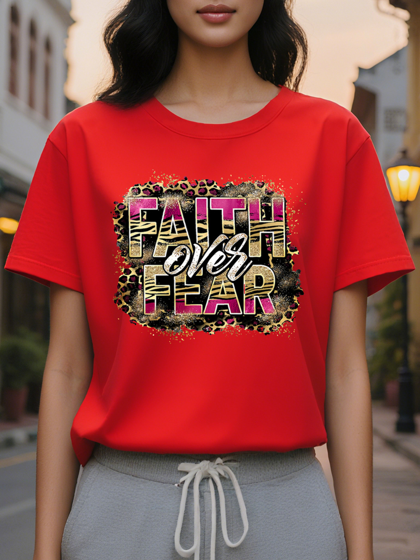 Large XL Vibrant Letter Print Crew Neck T-Shirt Soft Breathable Casual Short Sleeve Top Spring Summer Women's Comfortable Plus Size