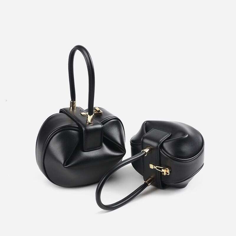 Handbag, High-End Genuine Leather Women's Niche Design, Simple, Fashionable, Retro, Wonton Dumplings, Wontons, Round Bag, Shoulder Bag
