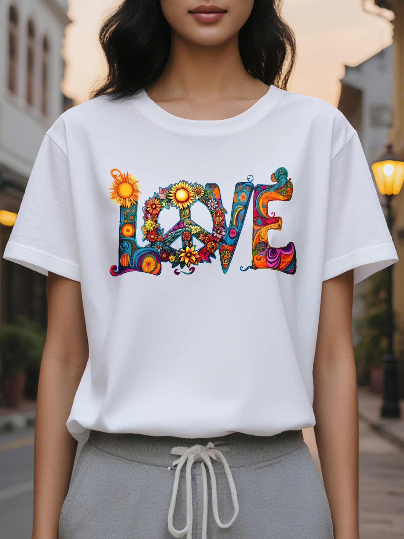 Women's Valentine's Day Flower Pattern Colorful Floral Design Shoulder Vest Black Cotton Round Neck Loose