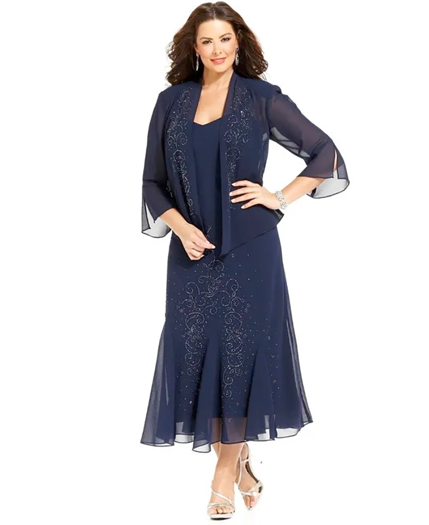 2025 Dark Navy Chiffon Tea Length Crystal Plus Size Mother of the Bride Dresses with Jacket Long Sleeves Mother Wear Wedding Guest Gowns