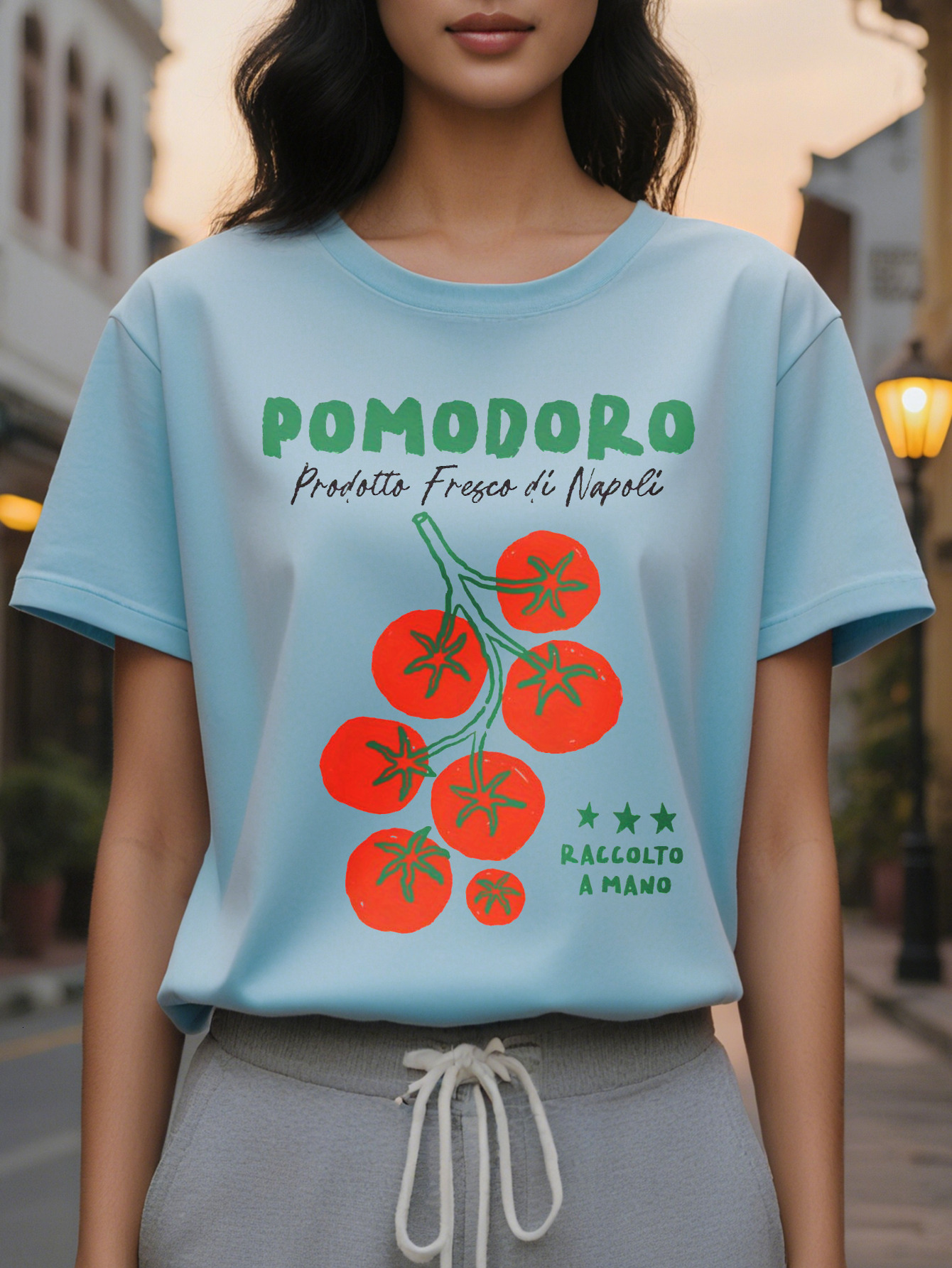 Women's Elegant Summer T-Shirt White Short Sleeve Round Neck Top Bright Tomato Pattern and Italian Products from Naples