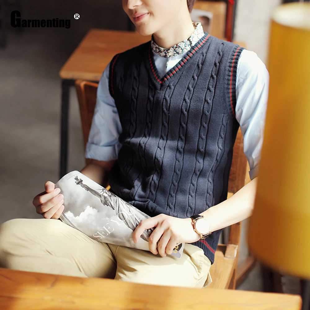 Mens Autumn Winter Sweater Vneck Knitwear Vest Smart Kpop Student Pullovers Sleeveless Slim Knitted Sweater Male Clothing 2020XJ250904
