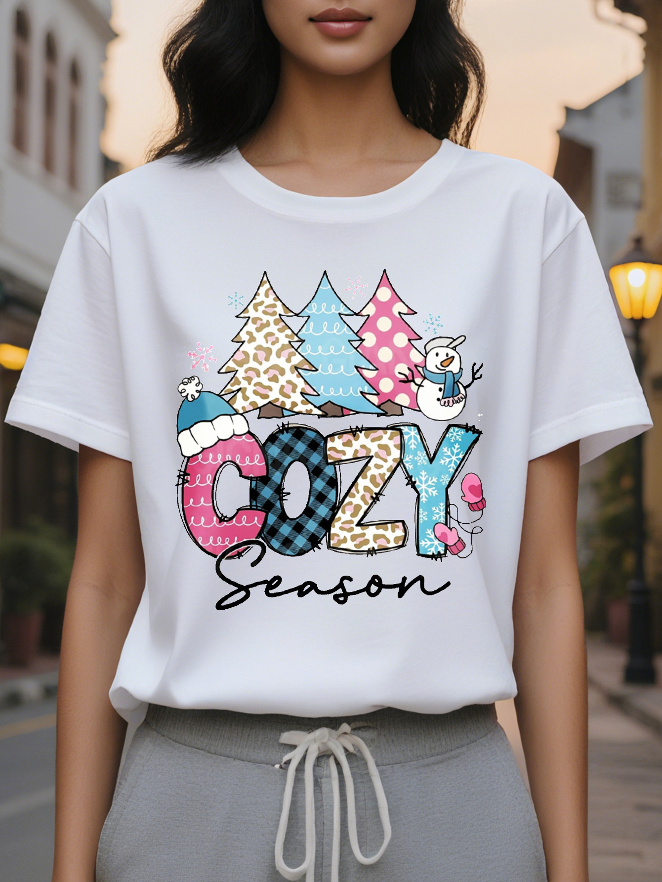 Large XL Women's Christmas Graphic Print Sweatshirt Cozy Season Design with Snowman Leopard Plaid Patterns Beige Casual Plus Size