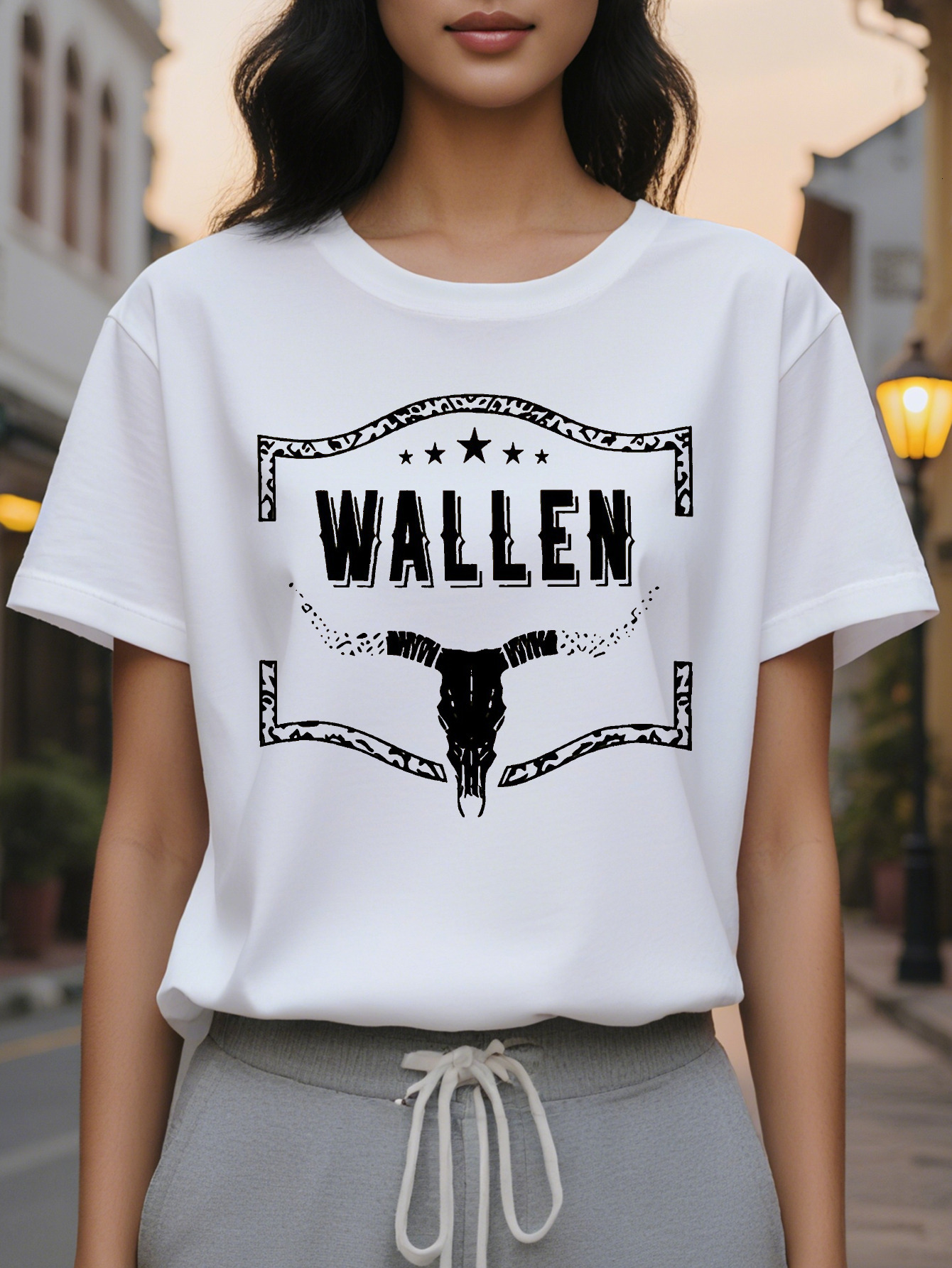 WALLEN American Print Pattern Fashion Round Neck Short Sleeve T-shirt Spring and Summer New Slim Fit Slimming Women's