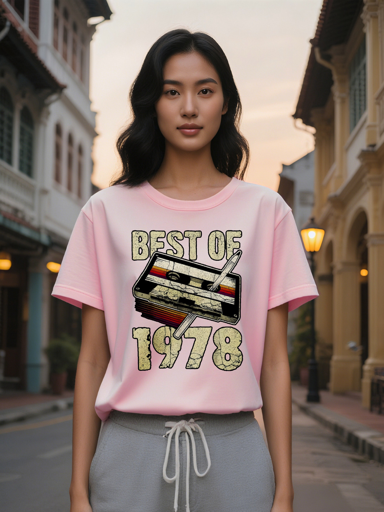 Lady Retro Cassette Tape Graphic T-Shirt Design with Best of Text Casual Round Neck Tee Lightweight Summer