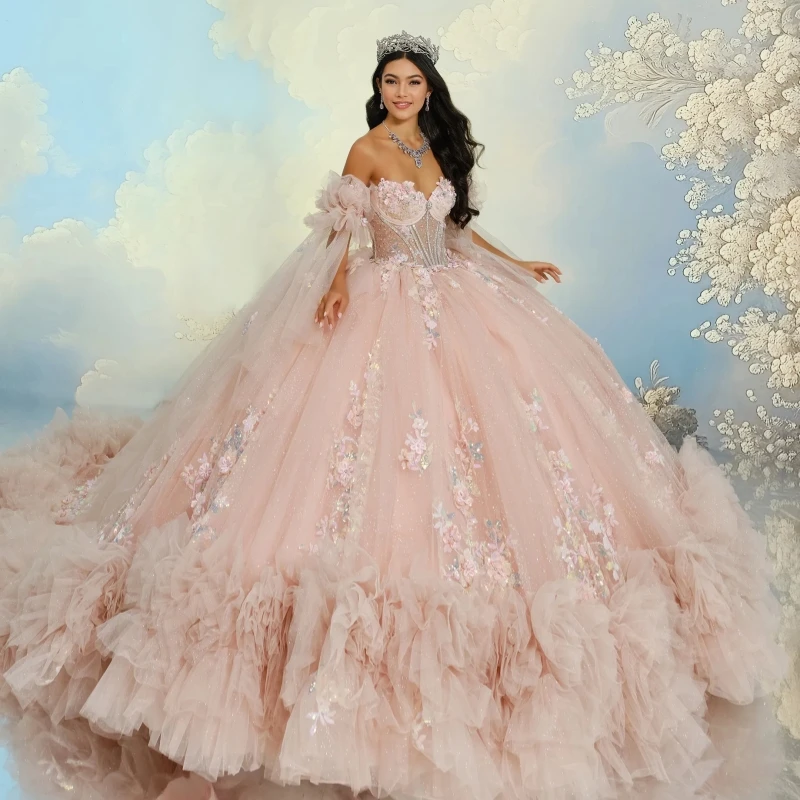 Pink Shiny Quinceanera Dresses Ball Gown Off The Shoulder Applique Lace Beads Tiered Tull Sweet 16 Dress Vestidos 15 De Anos