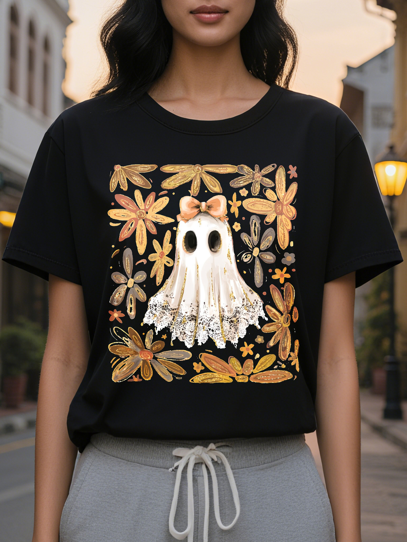 Women S T Shirt Spooky Ghosts Pumpkins Floral Print Black Background with Orange Accents Loose Fit Casual Party