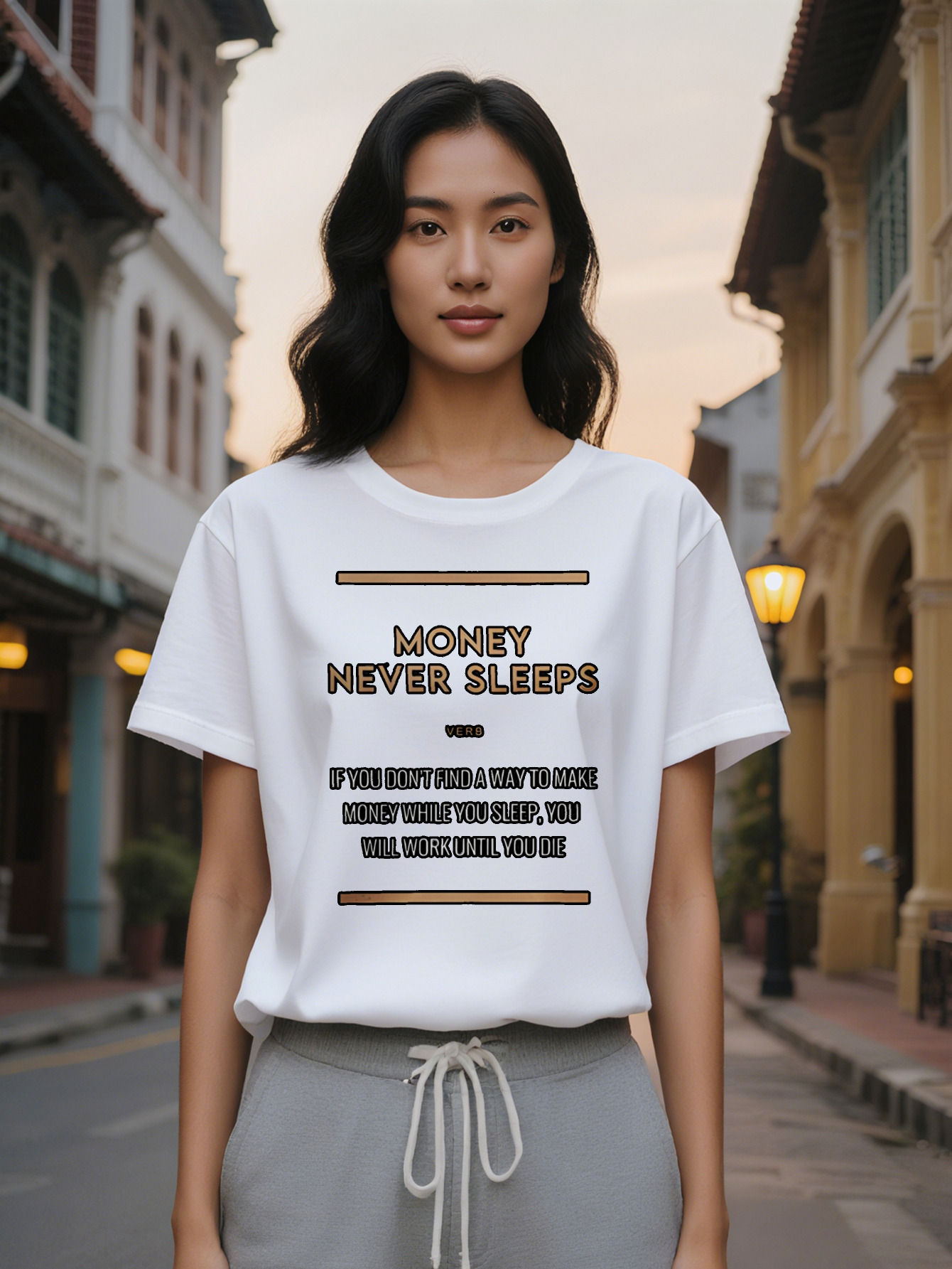 Crew Neck T-Shirt with MONEY NEVER SLEEPS Black Background Golden Lettering Regular Fit Summer Tee, Washable