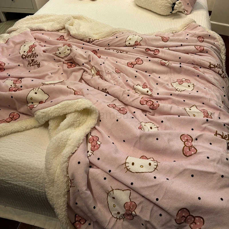 Sanrio Hello Kittys Pink Bow Lamb Velvet Blanket Winter Thickened Warm Milk Coral Velvet Blanket Quilt Cover Sofa Office Blanket L250904