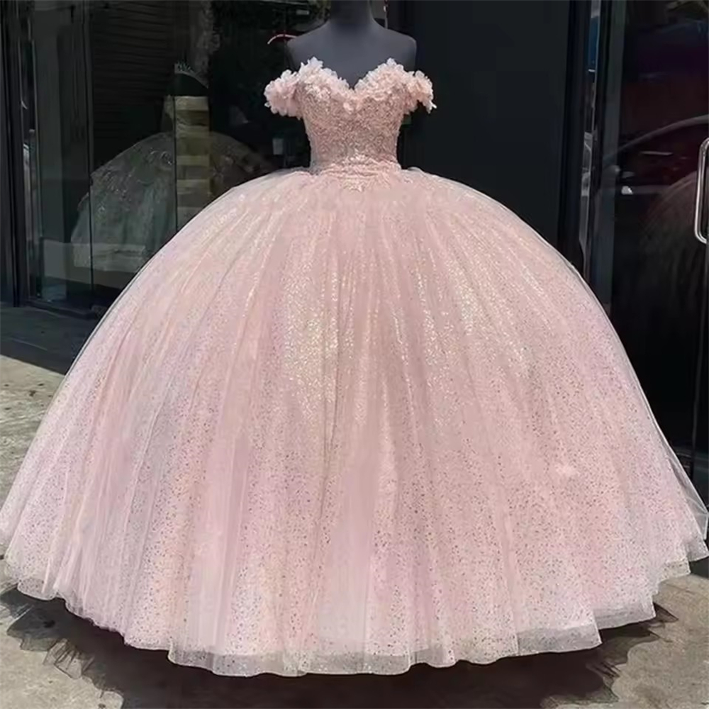 Ball Gown Quinceanera Dresses Glittering Off the Shoulder Glitter 3D Flower Plus Size Customized Sweet 15 16 Princess Birthday Party Gowns Vestidos De