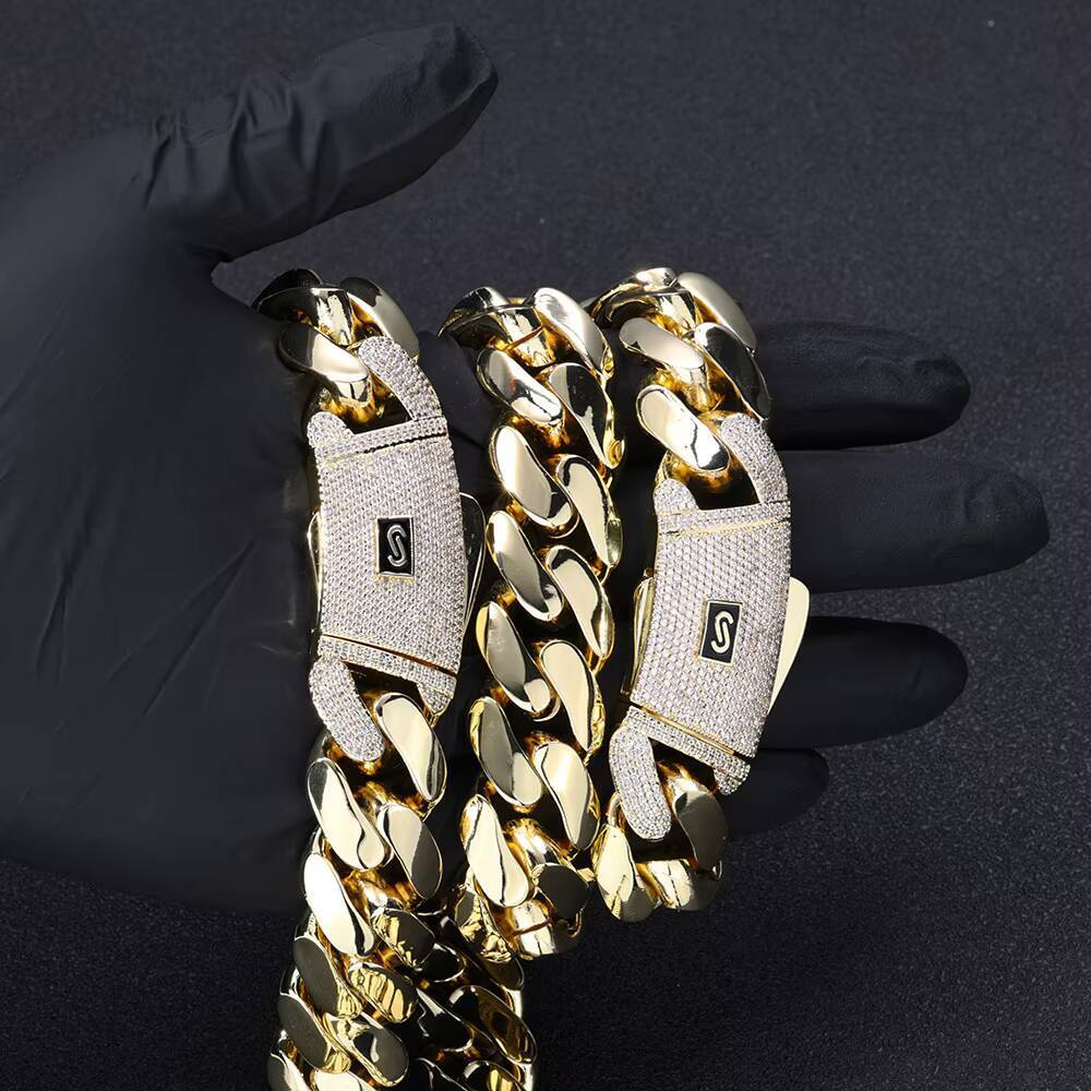 High Quality 14K Monaco Chain 925 Silver Cuban Link Necklace Iced Out VVS Moissanite Clasp Smooth Cuban Chain Jewelry