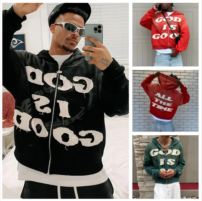 Men's Hoodies American Trend Retro God Is Good Casual Street Wear Zip-up Hoodie And Women's Harajuku Hip-hop Gothic