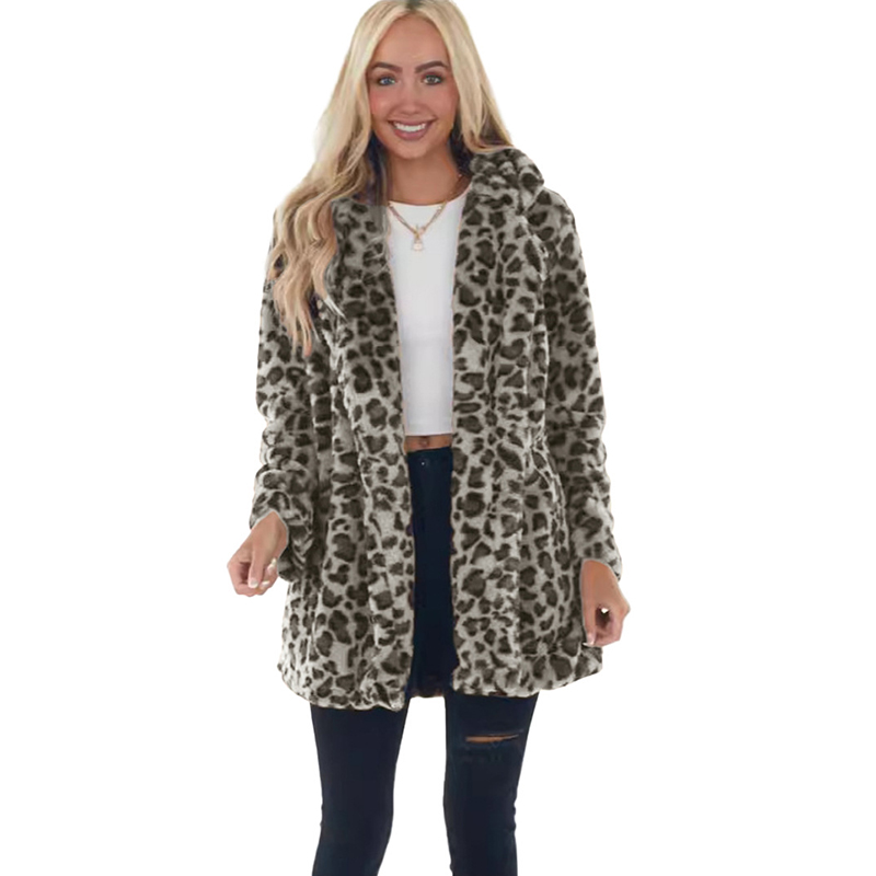 2025 European and American autumn and winter leopard print women's clothing fashion temperament imitation fur with pockets loose fur jacket