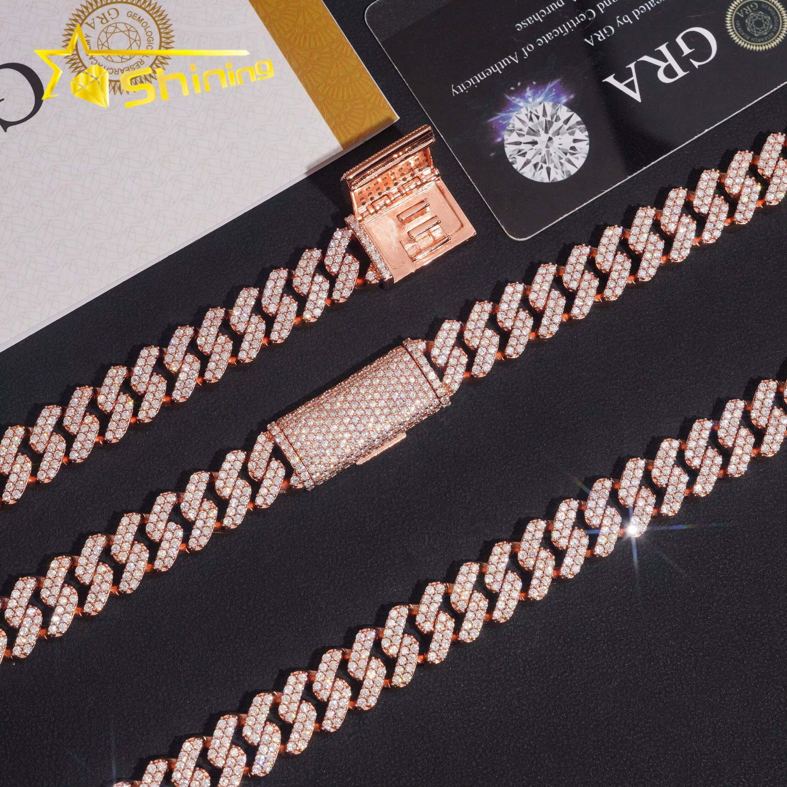 Hip Hop Jewelry Iced Out 925 Silver Rose Gold 125mm Two Rows Rounded Link VVS Moissanite Cuban Link Chain