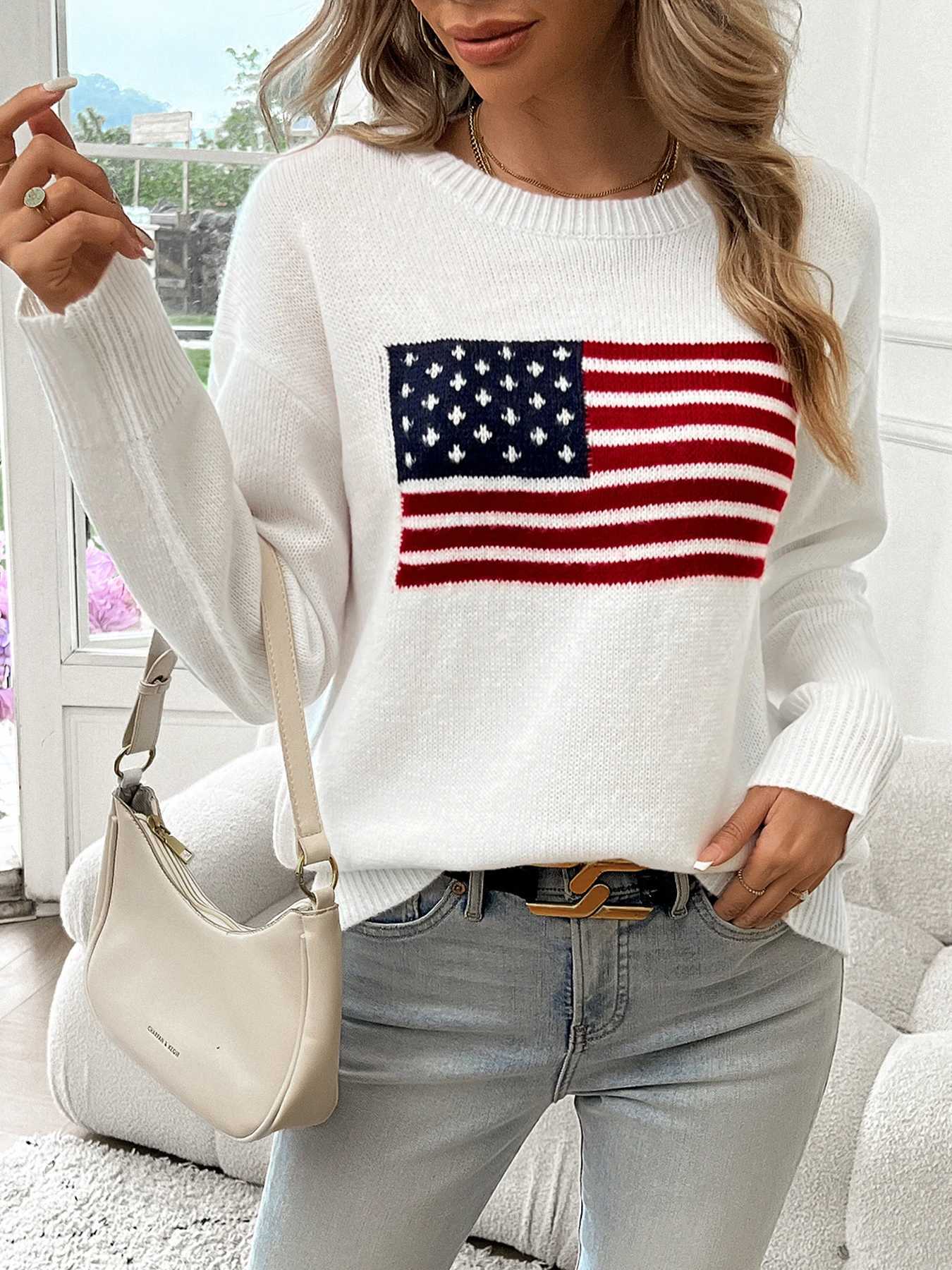 American Flag Crew Neck Long Sleeve Pullover Womens Sweater M250904