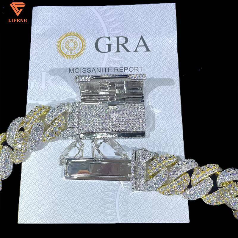 Hip Hop Jewelry 18mm 3 Row Pass Diamond Test VVS Moissanite Diamond Iced Out Necklace 925 Silver Cuban Link Chain